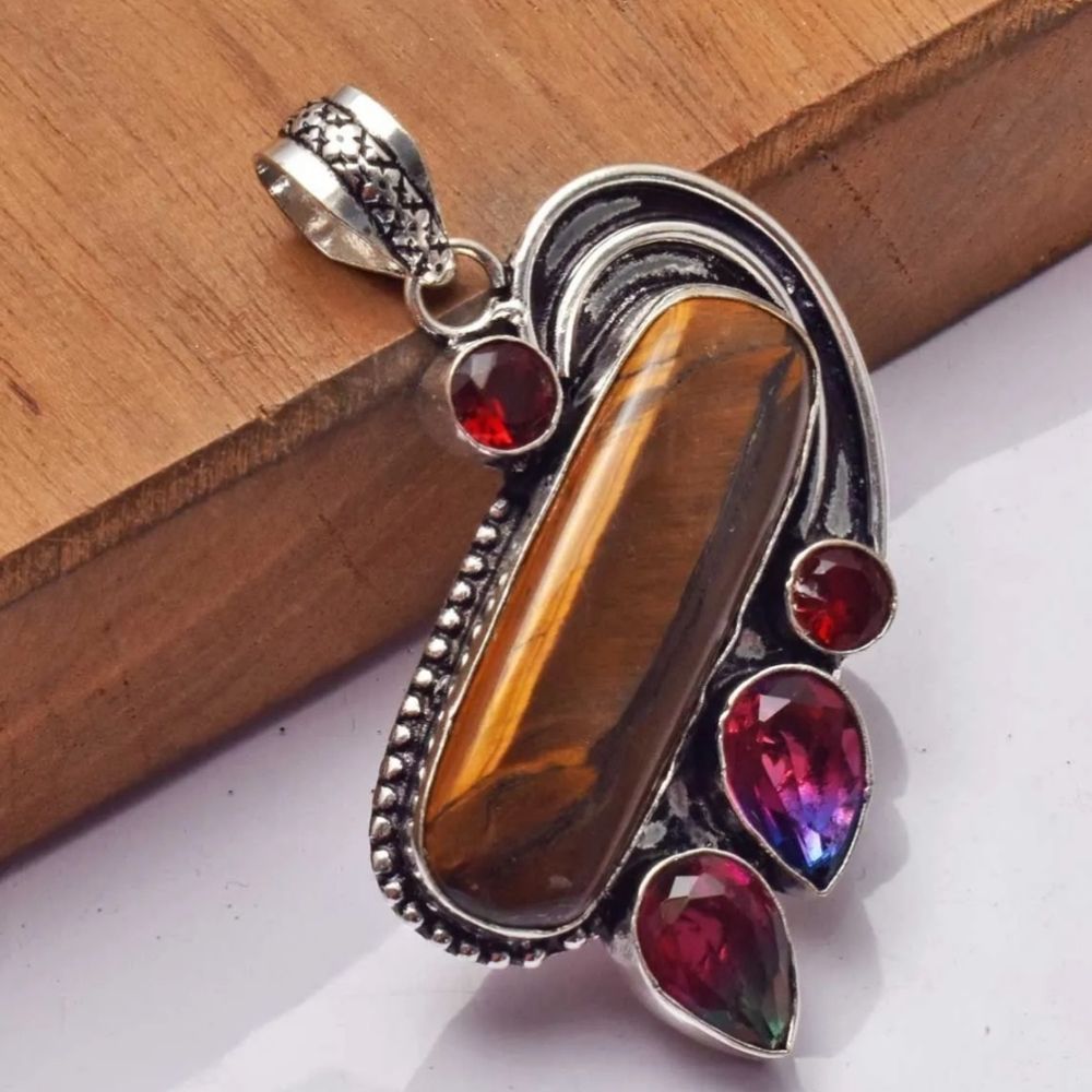 Whimsygoth Crystal pendant Tiger Eye Garnet Handmade Jewelry 2.4"